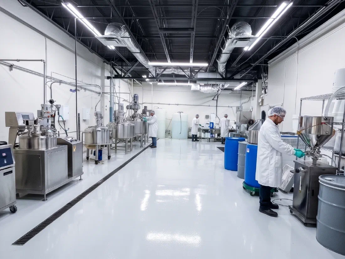 The production floor in Hollywood, Florida: mixing tanks on the left, filling machines on the right, staff in lab coats and hairnets